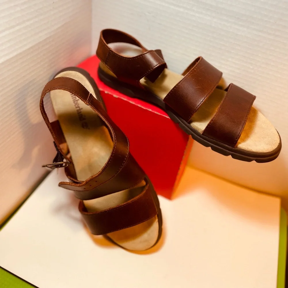 Timberland Woman’s Sandals Double Strap Flat Brown Leather - Open Toe Sz 10 - Picture 3 of 7